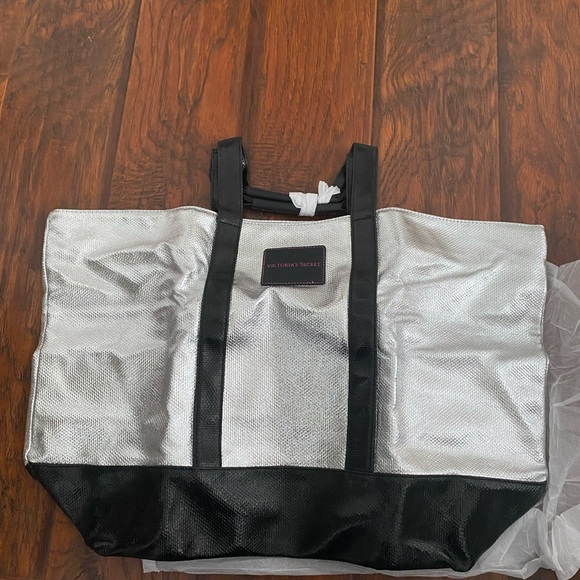 Victorias Secret Womens Double Handles Zipper Silver Black Tote Bag - Picture 4 of 5